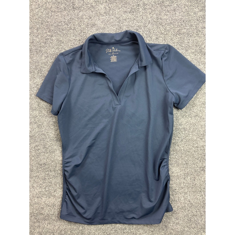Stella Parker Golf Polo Shirt Womens Small Navy Blue Ruched V-Neck Short Sleeve